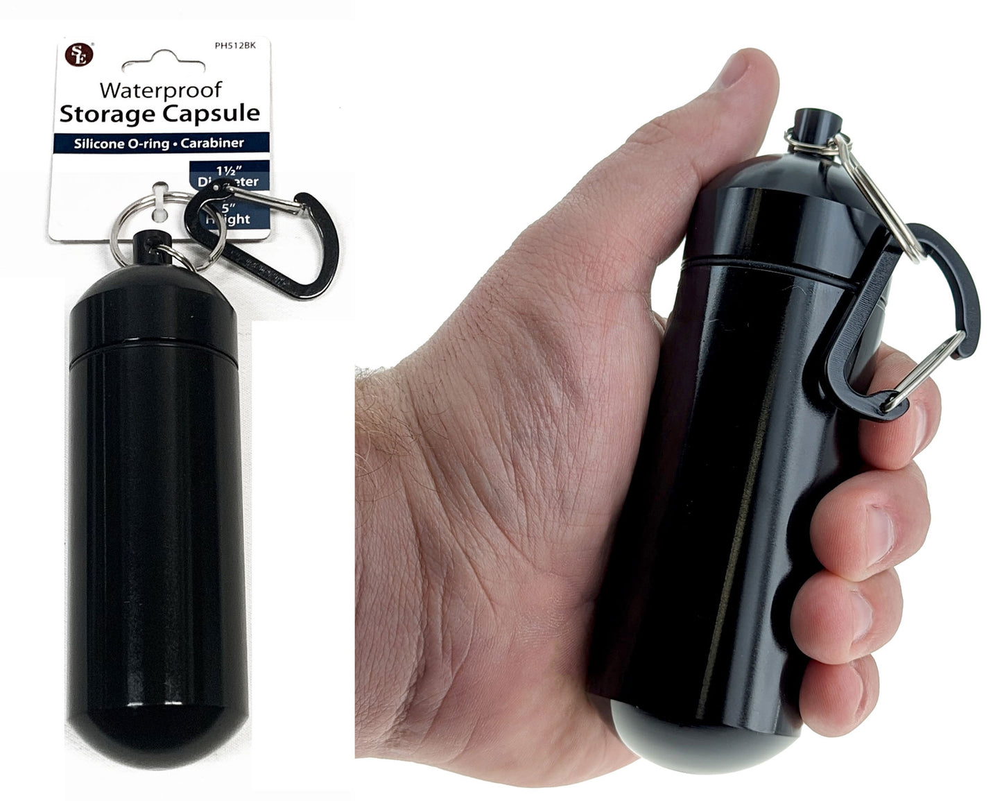 5" Waterproof Black Jumbo Aluminum Container /Capsule with Carabiner