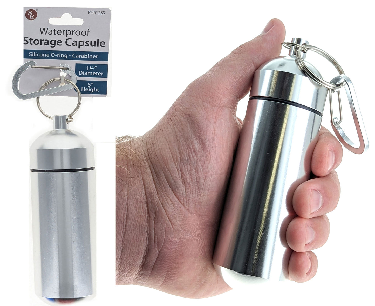 5" Waterproof Silver Jumbo Aluminum Container /Capsule with Carabiner